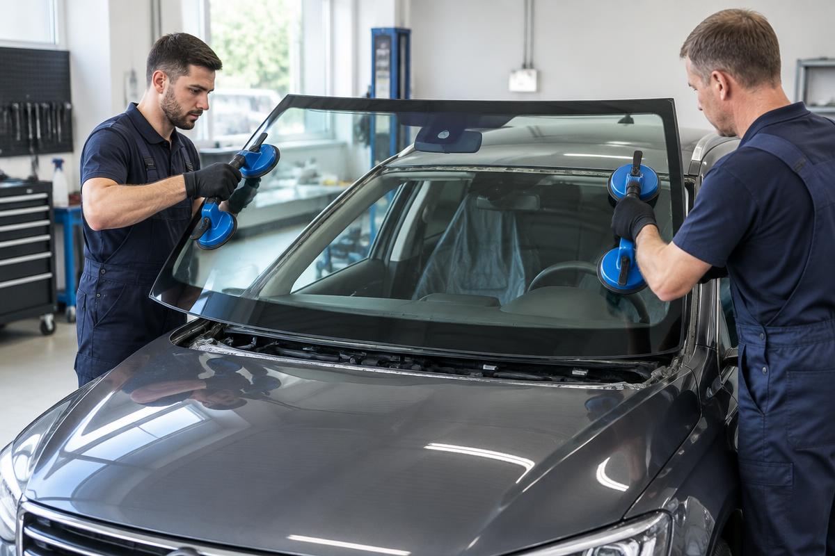 Technici usazují nové čelní sklo do automobilu