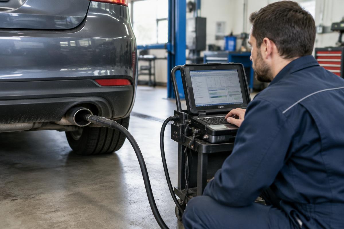 Technik provádí měření emisí vozidla